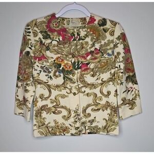 Vintage KIO Colorful 1950's Button Up Wool Sweater Cardigan Floral Print Size S